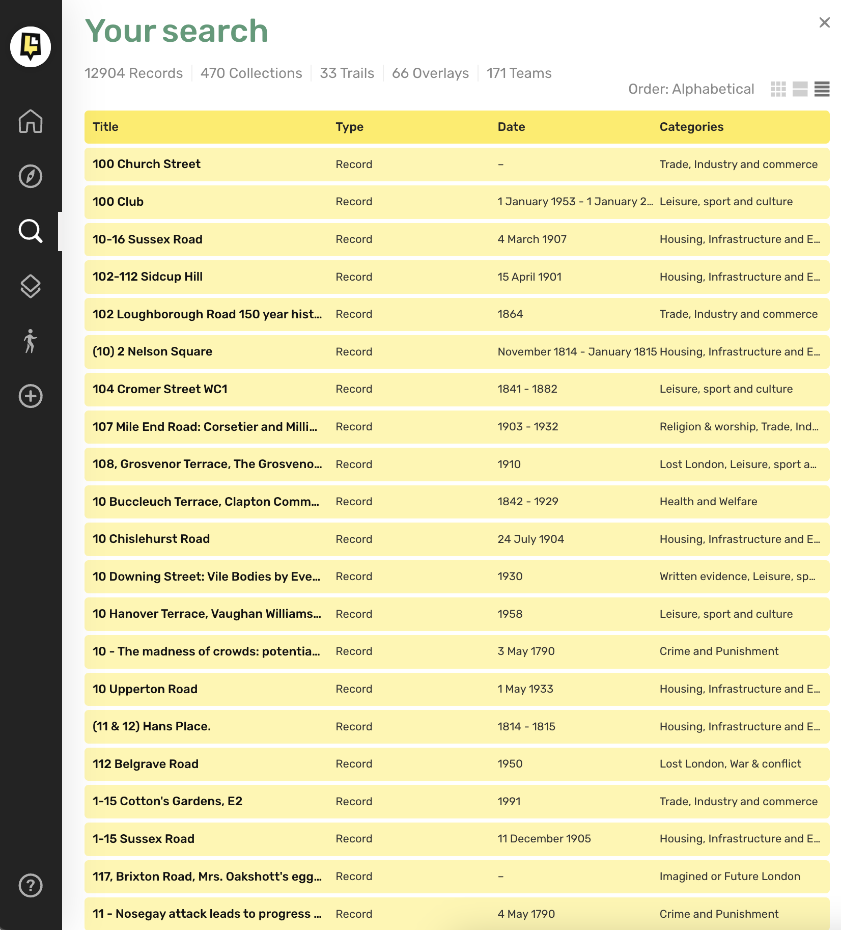 A screenshot of a list view of content items on Layers of London