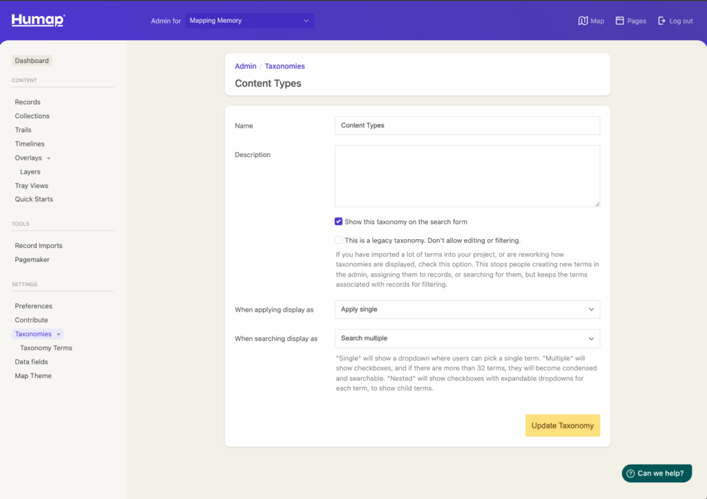 A screenshot demonstrating how to create Taxonomies 