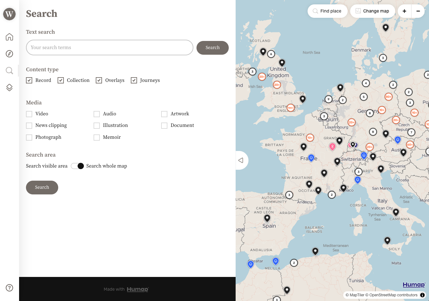 A screenshot showing taxonomies and terms displayed on the Refugee Map search page
