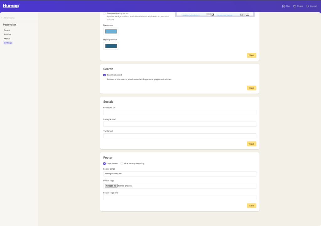 A screenshot of the Pagemaker settings page, demonstrating how to personalise the website