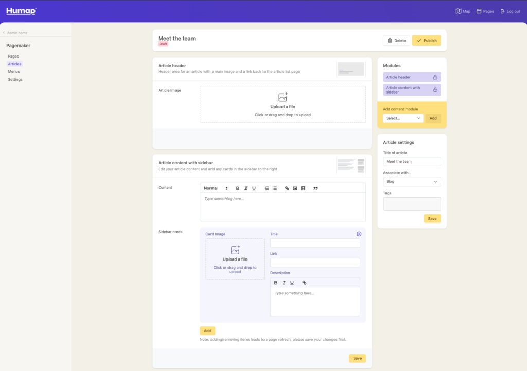 A screenshot demonstrating how to create a new article