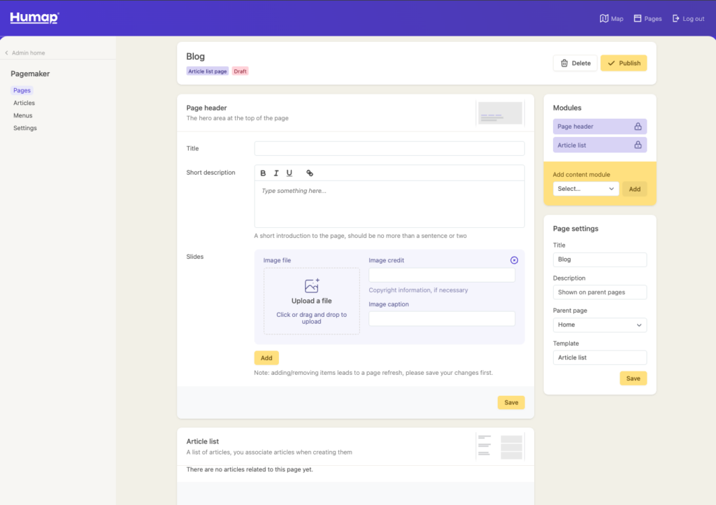 A screenshot demonstrating how to create an article list page