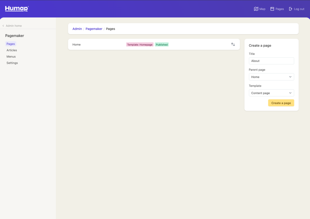 A screenshot demonstrating how to Create a content page
