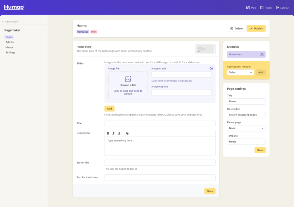 A screenshot of a blank Pagemaker homepage