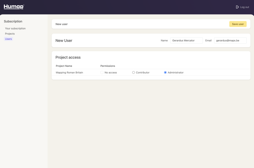 There are two fields for the user's name and email, and tickboxes below to indicate what level of permissions this user should have