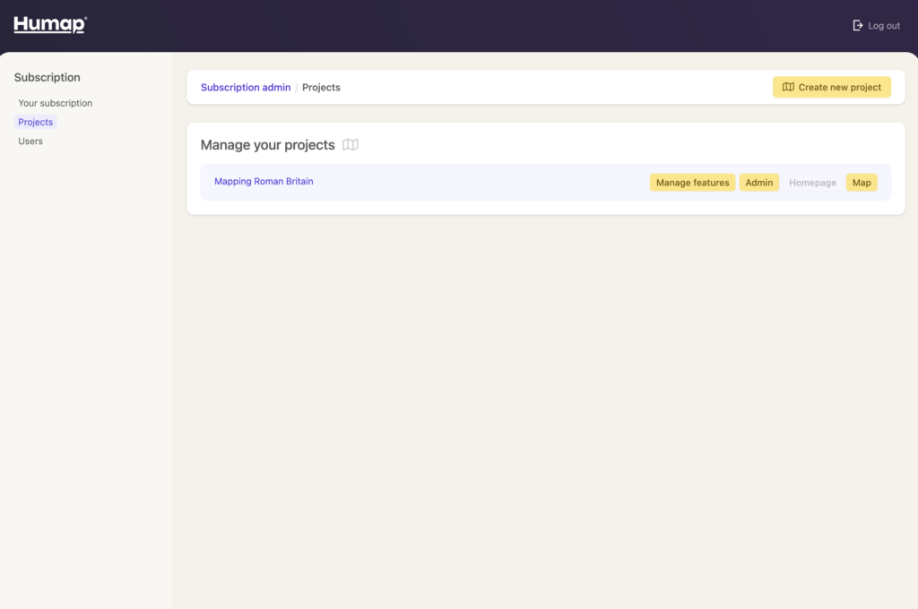 The subscriptions dashboard, now showing the new project