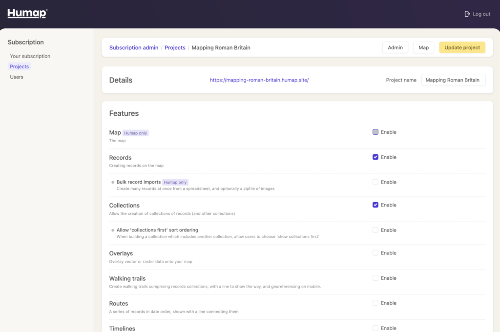 A series of features are listed here with tickboxes next to them