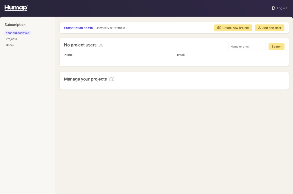 An empty subscriptions dashboard with buttons inviting the user to create new projects and users