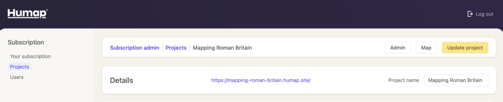 The page for this project within the subscriptions platform, showing buttons along the top of the page leading to that map