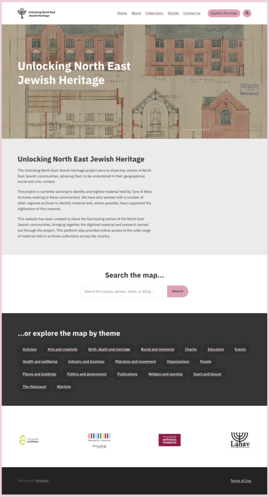 The Unlocking North East Jewish Heritage website homepage: a carousel shows images from their collection and there are fields for searching the map and clicking search terms