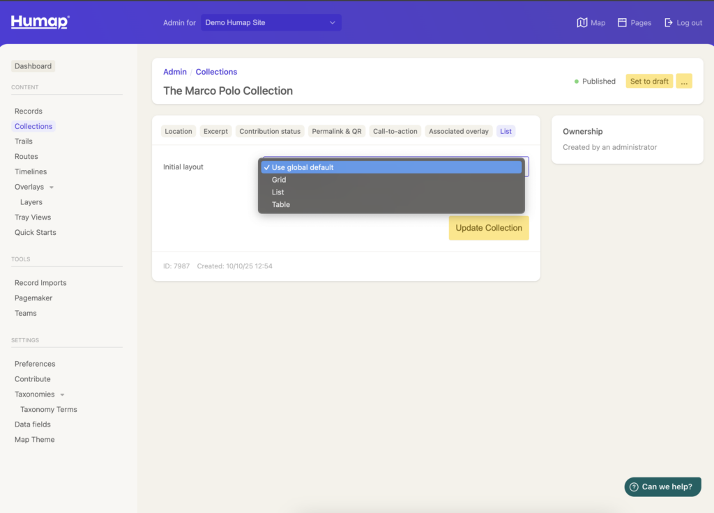 A dropdown menu listing available overlays