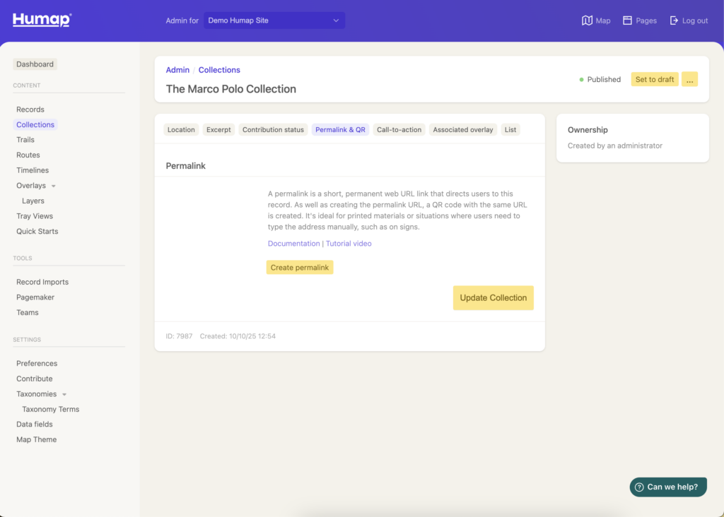 A button allowing the user to create a permalink or QR