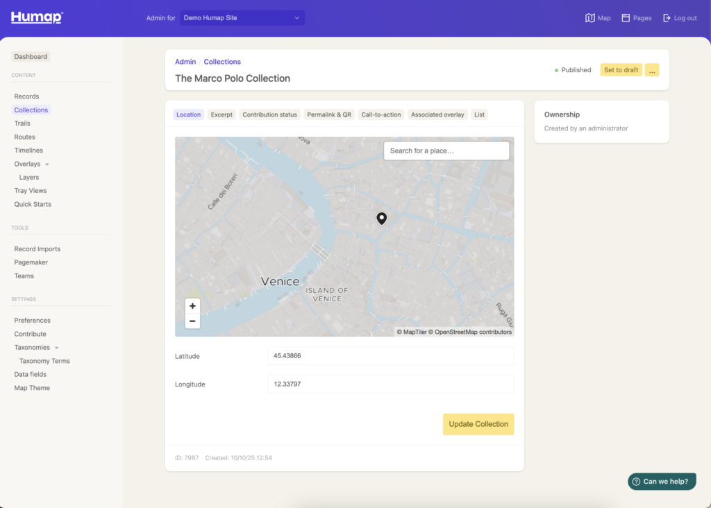 A map with a search box displaying the location of the collection pin