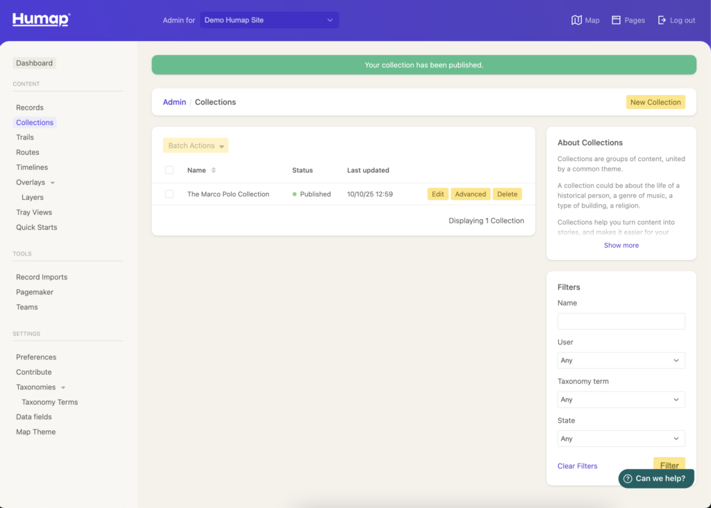 The collections dashboard, with the new collection present