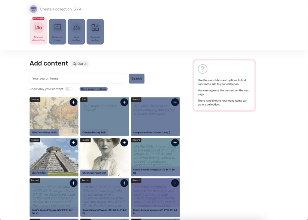 Content published to Humap will appear here for the user to add to the collection