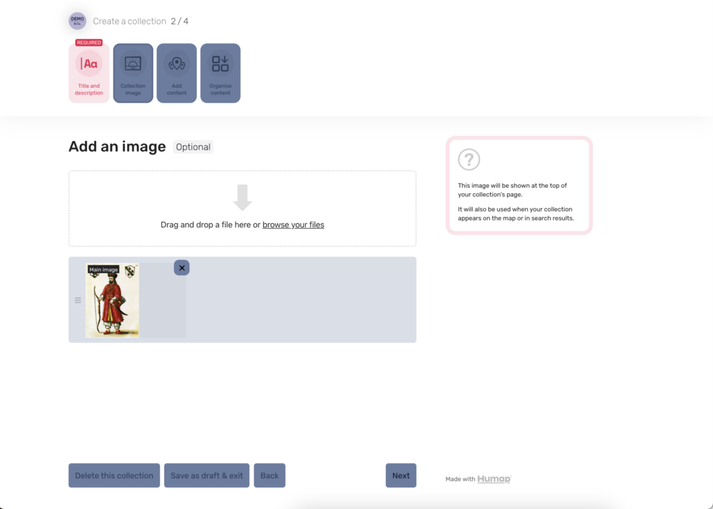 There are options here to drag or drop a cover image into the window for the collection