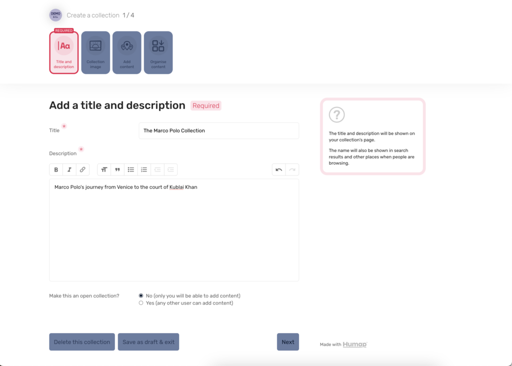 A page with fields for the adding of a title and description, with some helpful instructions at the side. 