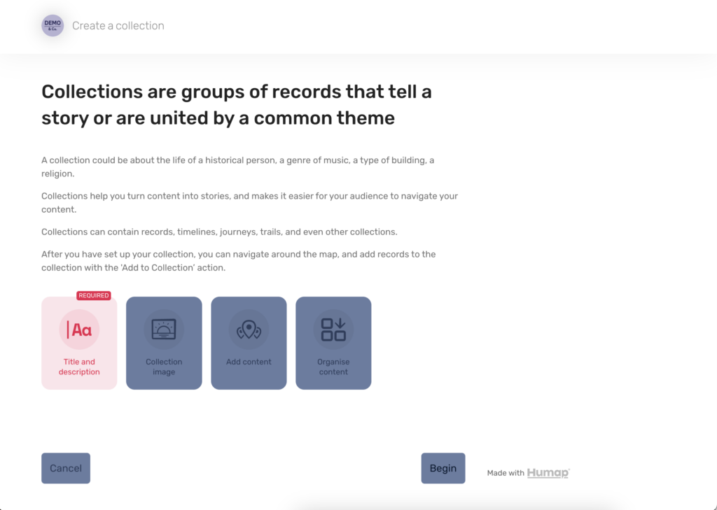 A page listing the different elements of a collection for the user