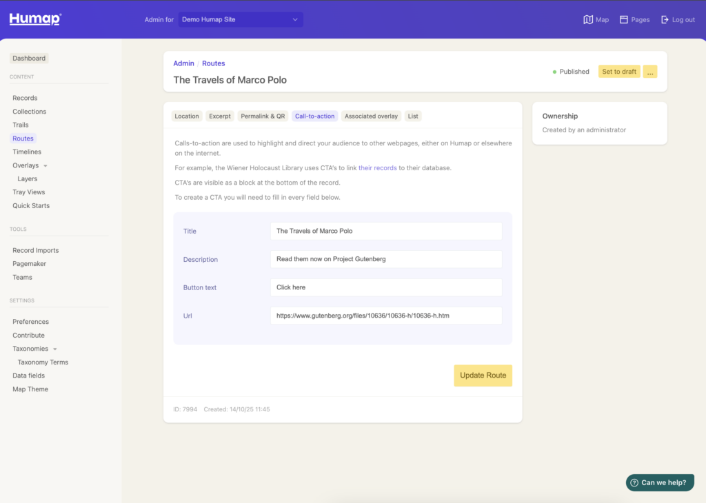 Fields for adding a title, description, link, and button text