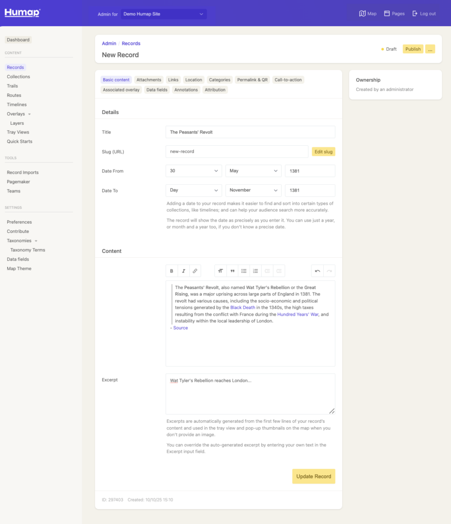 Fields for adding detail to your record