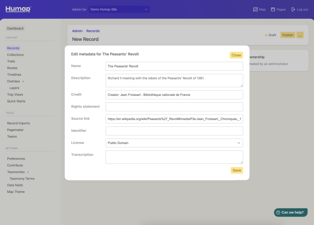 Fields for adding metadata to an image and citing sources