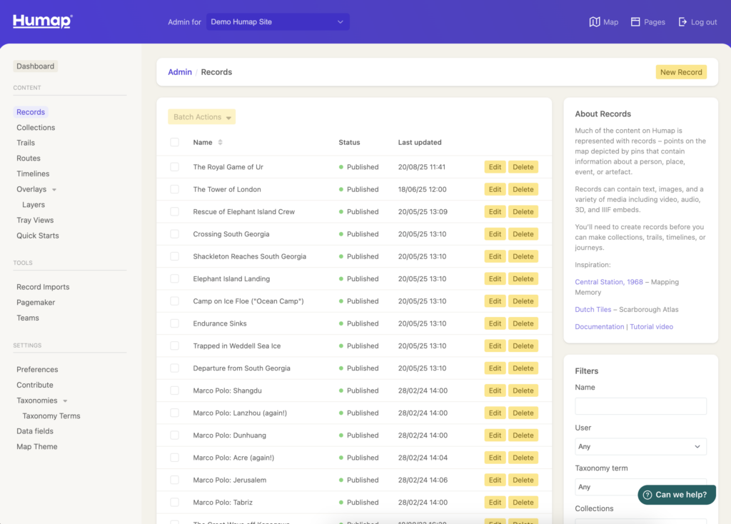 Draft and published Records are listed here