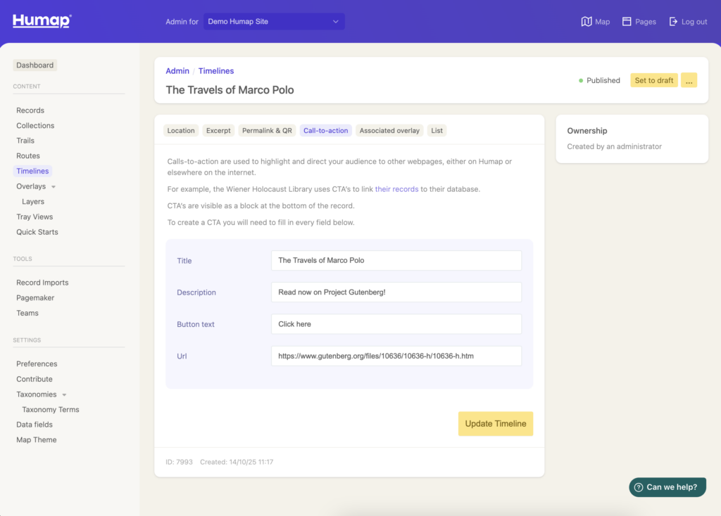 Fields for adding a name, description, button text, and link 
