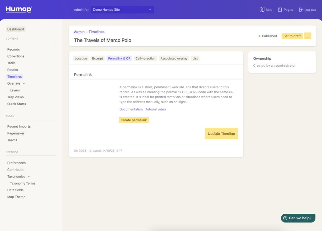 Text explaining that clicking the button will create a permalink for a published timeline 