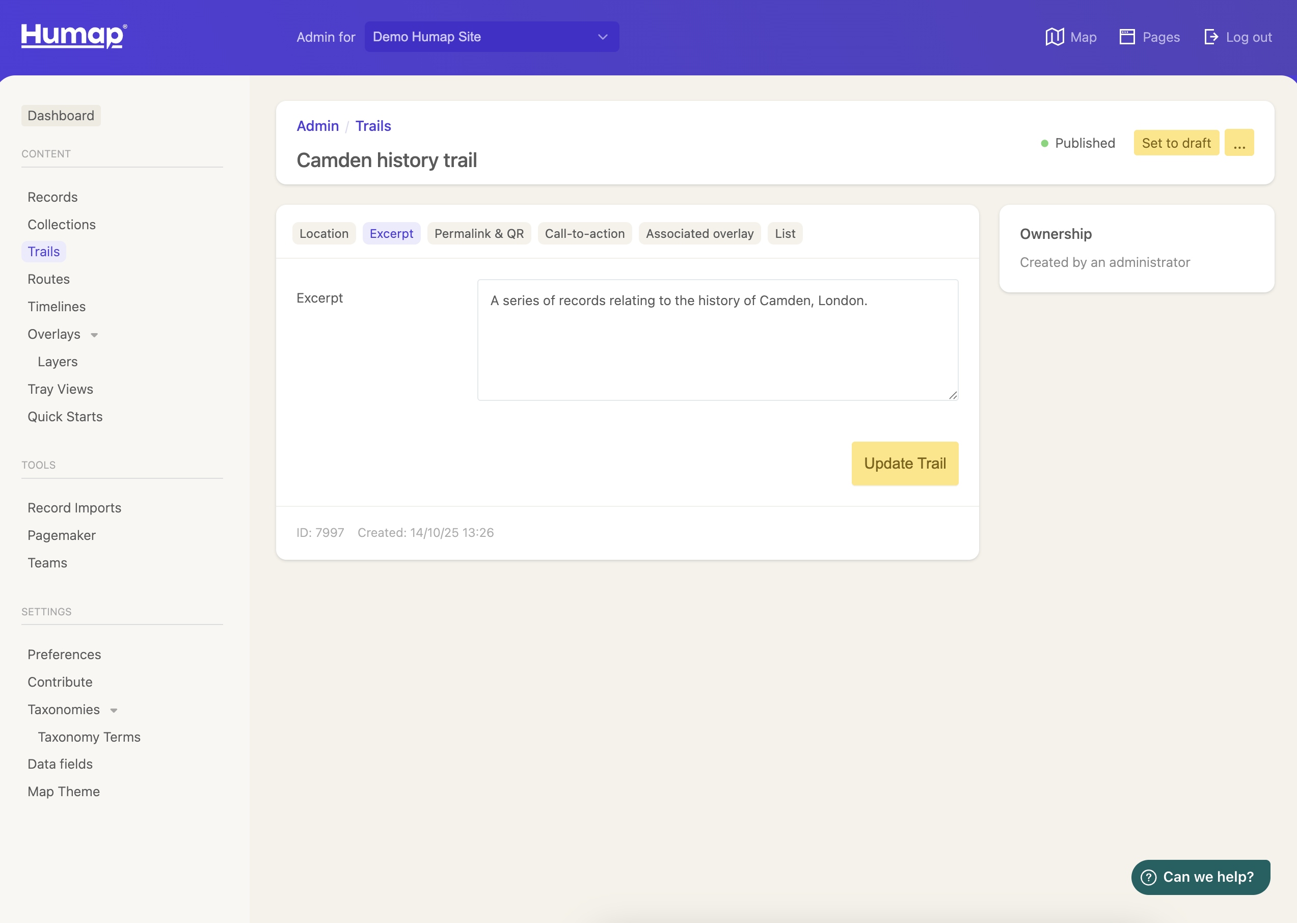 A text box for typing the new excerpt into