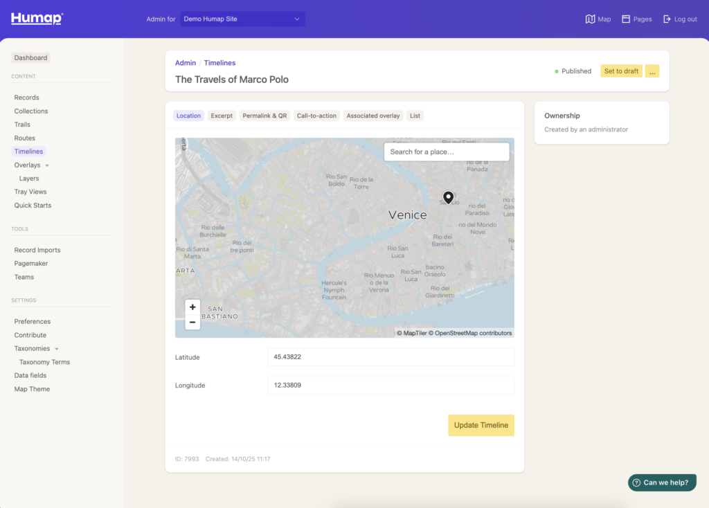 A map with a search box visible and lat/long fields