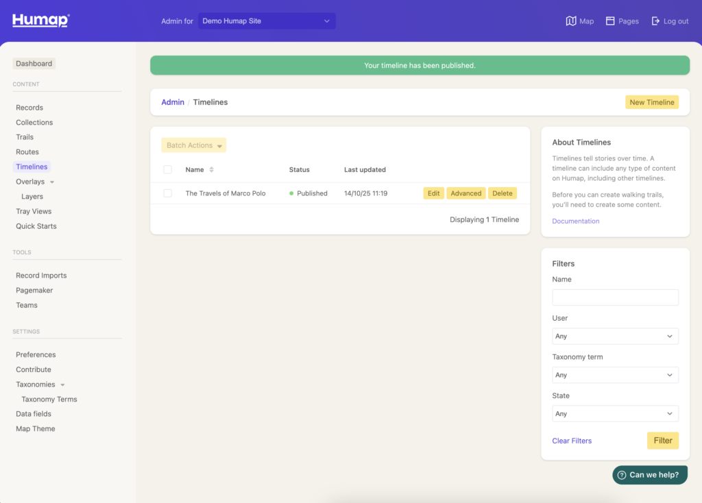 The timeline dashboard with a published timeline visible =