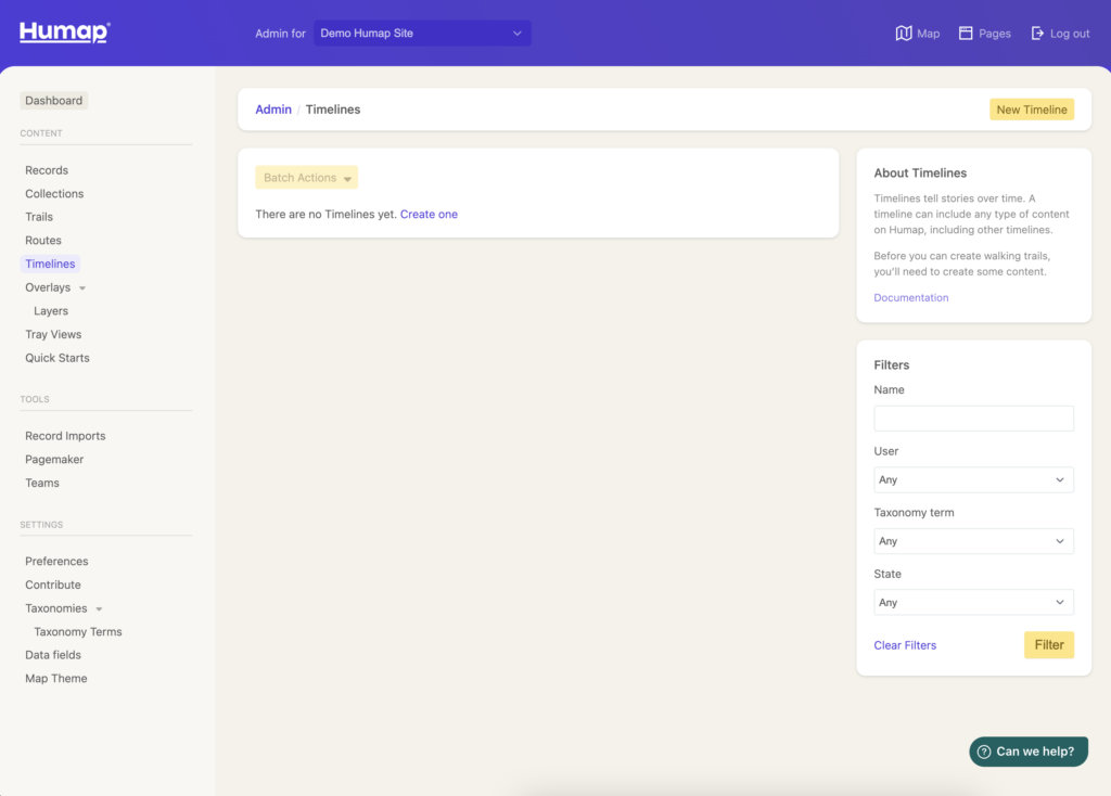 The empty timelines dashboard, with useful text on the right and the menu on the left.