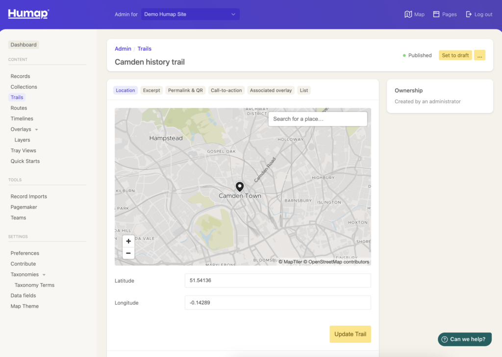 A map with a search box visible and lat/long fields