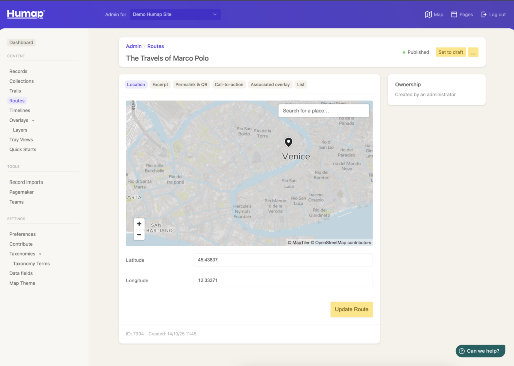 A map with a text search box and lat/long fields