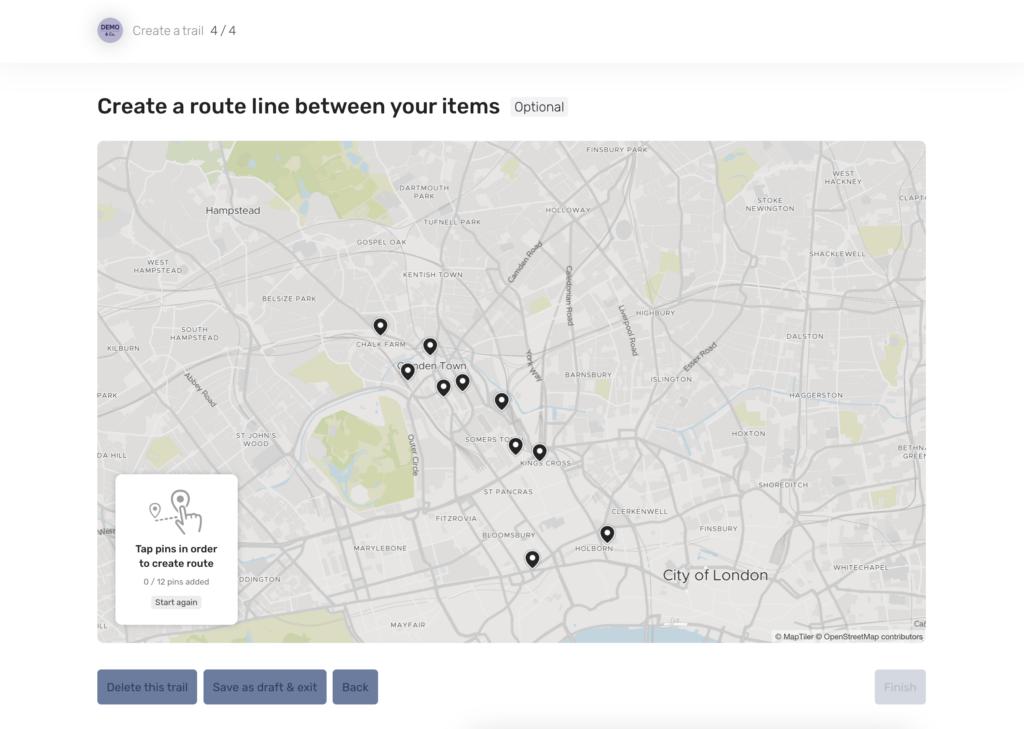 Record pins arranged on a map, ready to be sorted into an order