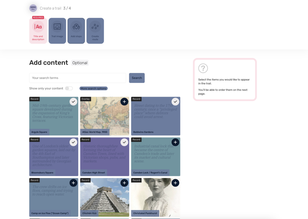 A grid view of published content items shows the user what they can add to this trail 