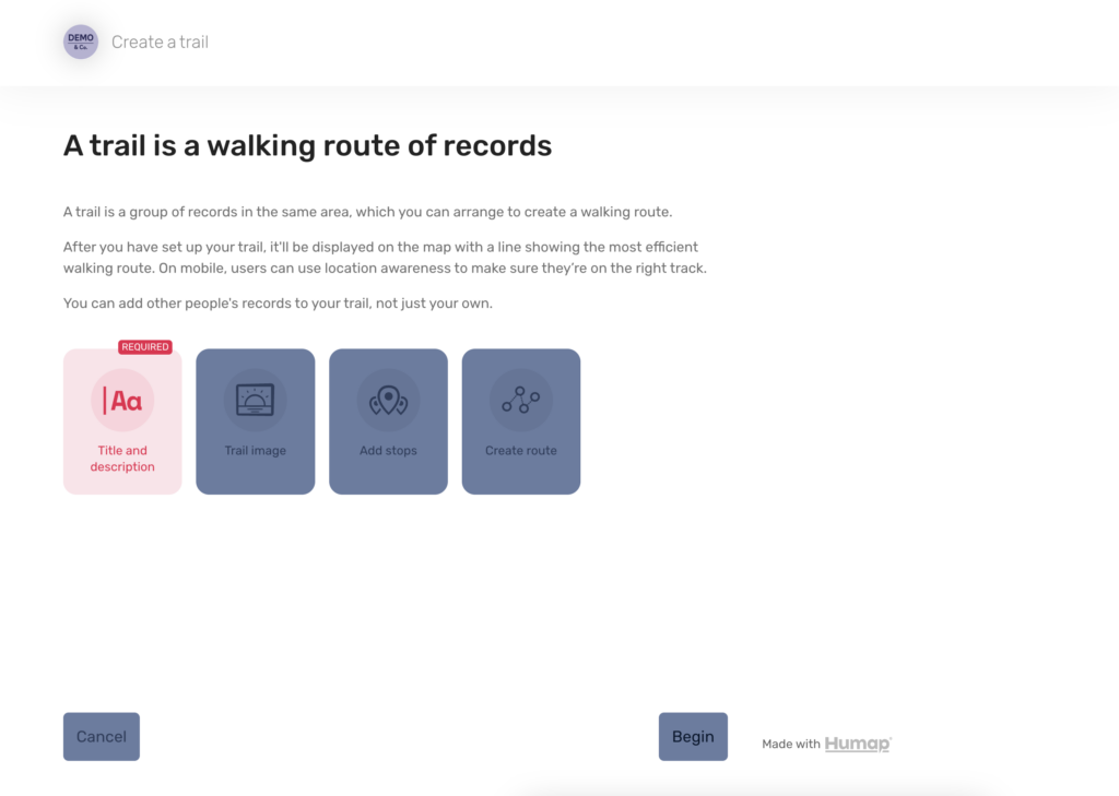 The introductory screen explaining what a trail is and how to make one