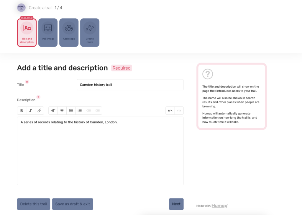 Text boxes for a title and description