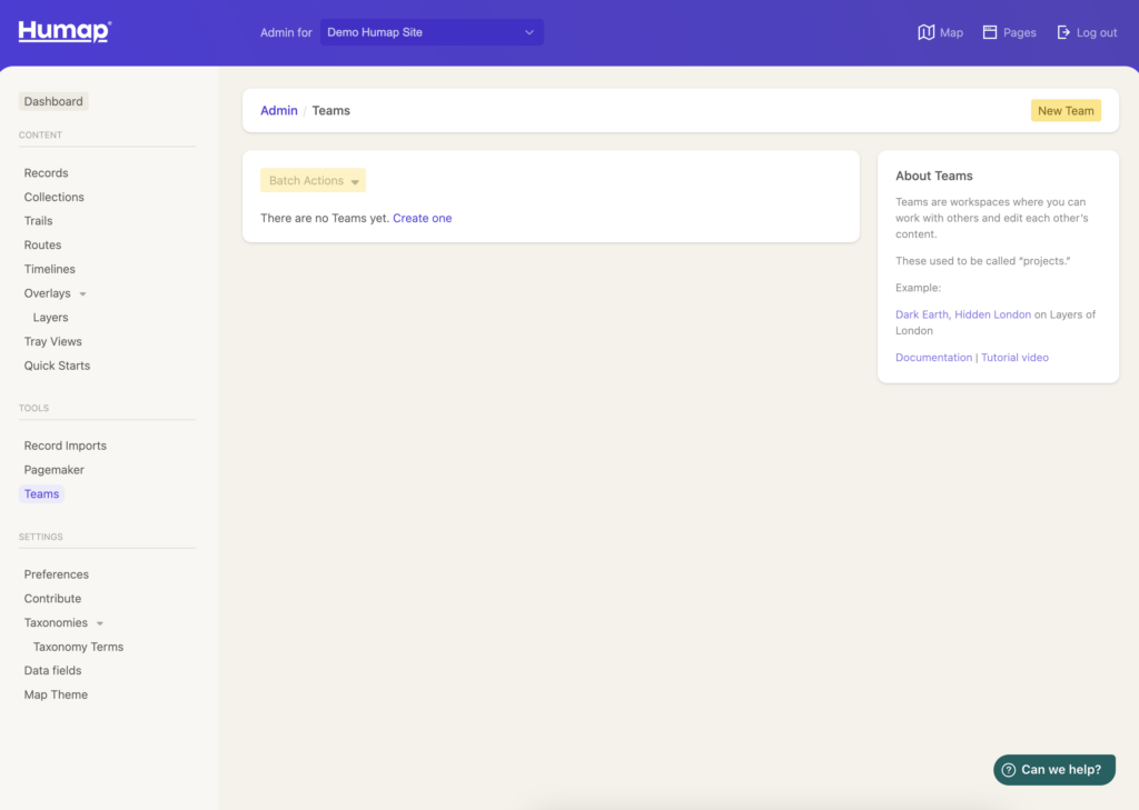 The (currently empty) Teams dashboard, with the menu on the left and helpful text on the right