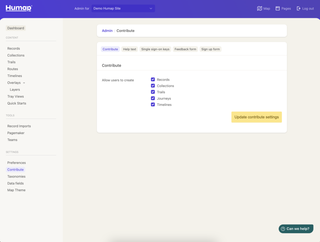 A screenshot showing the different options to customise the Contribute tools
