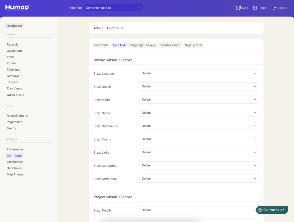 A screenshot demonstrating how to customise the help text within Humap