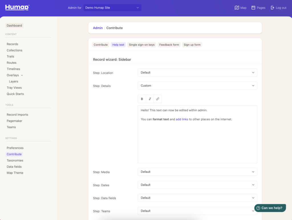 A screenshot demonstrating how to customise the help text within Humap