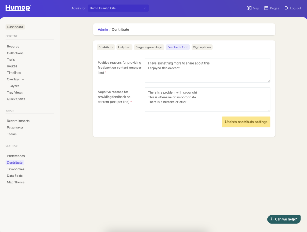 A screenshot demonstrating how to customise the feedback form