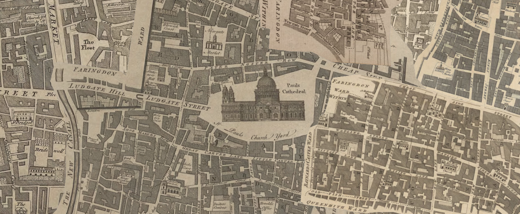 A screenshot of a historical map collage of London focussed on St Paul's Cathedral