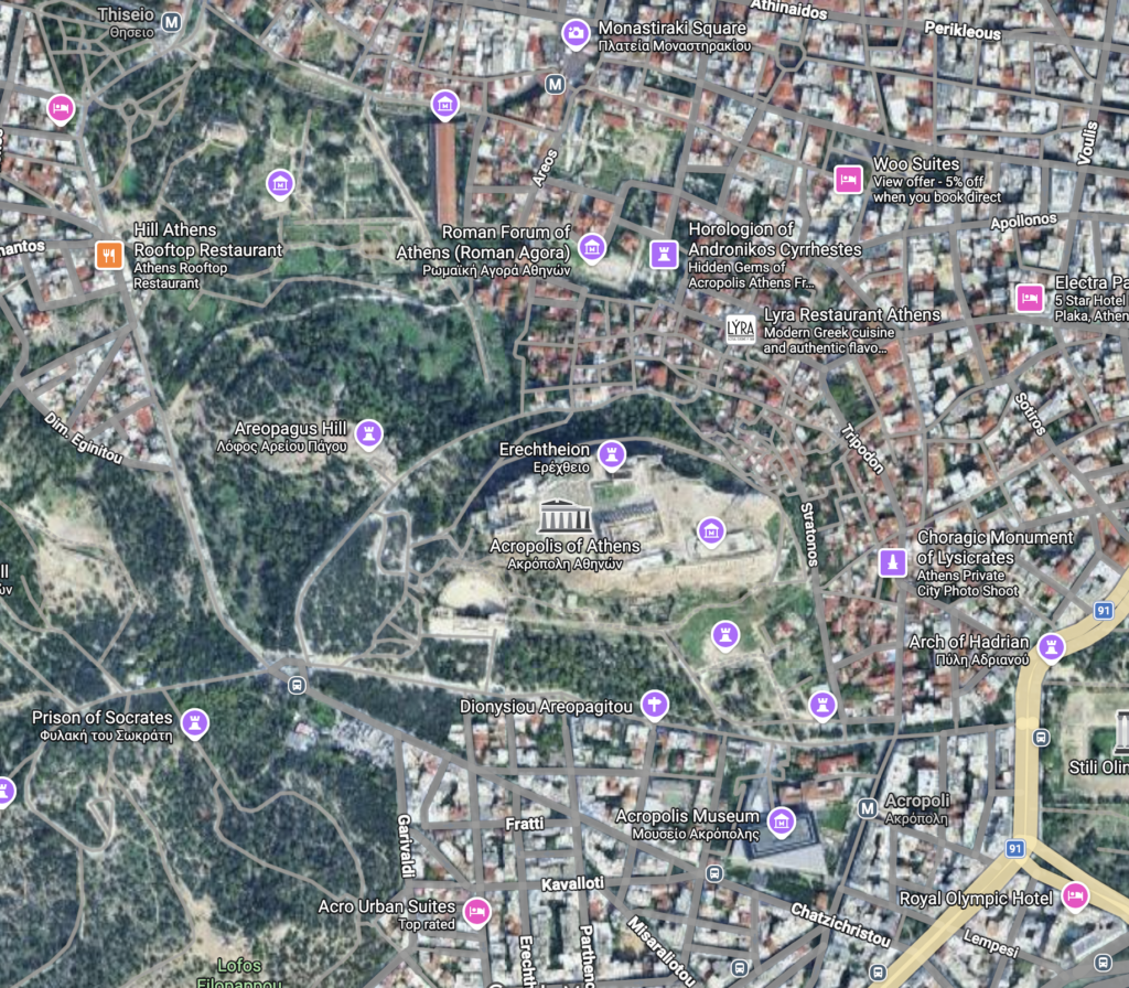 A screenshot of Athens in Google Maps, which shows historical landmarks as well as local businesses 