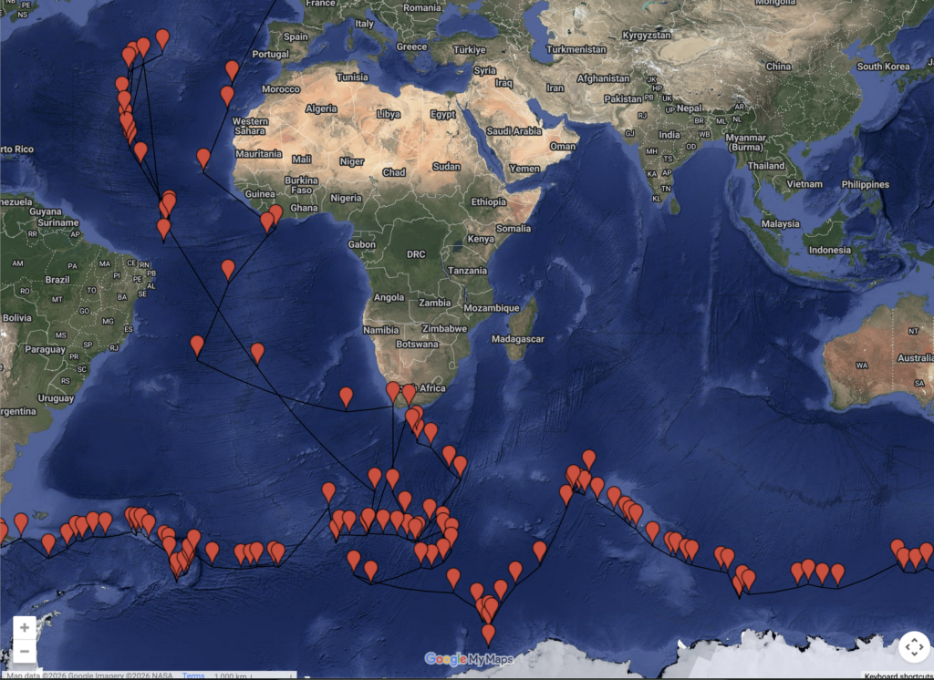 A screenshot of a Google My Maps project charting Captain Cook's second voyage. The map is a satellite image of earth dotted with red pins linked with a black route line
