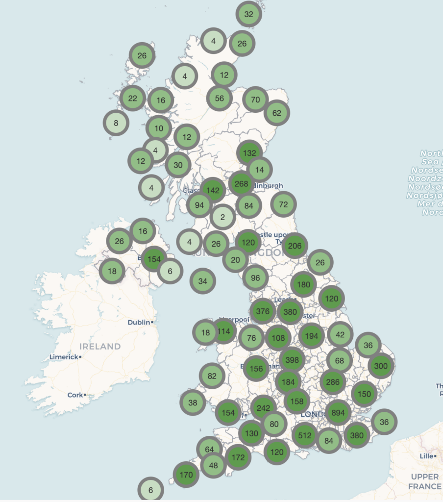 A screenshot of a map made with Carto showing locations of museums in the UK