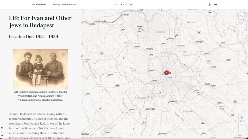A screenshot of the Holocaust Histories StoryMap showing a map on the right and information on the left