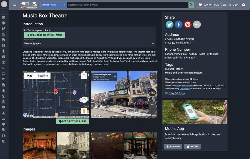 A screenshot of an example Clio entry showing an image of the building, Google Street view, and images