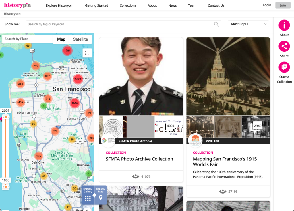 A screenshot of Historypin showing collections on the map in the San Francisco area. 